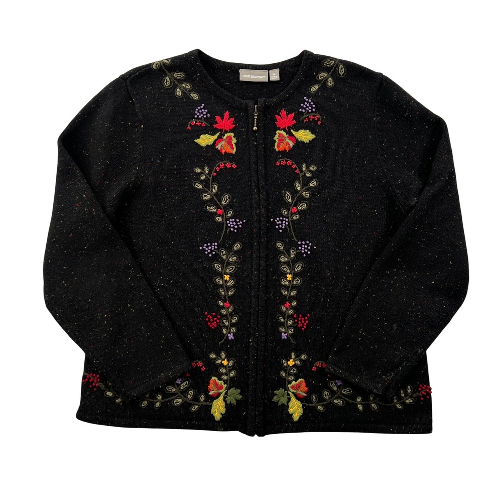Croft & Barrow Cardigan Sweater Women XL Black Embroidered Fall Floral Zip Up